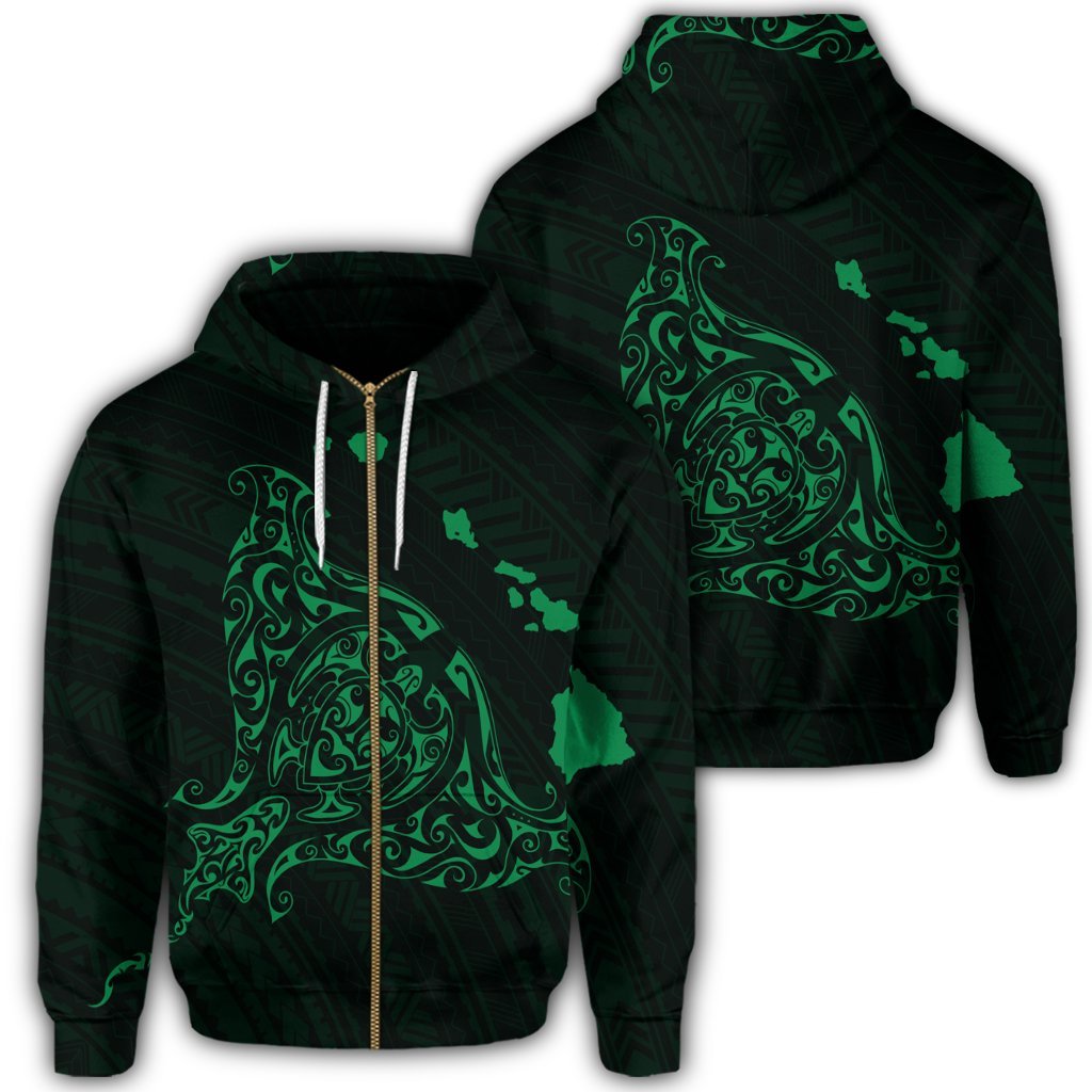 Hawaiian Map Manta Ray Green Polynesian Zip Hoodie Unisex Art - Polynesian Pride