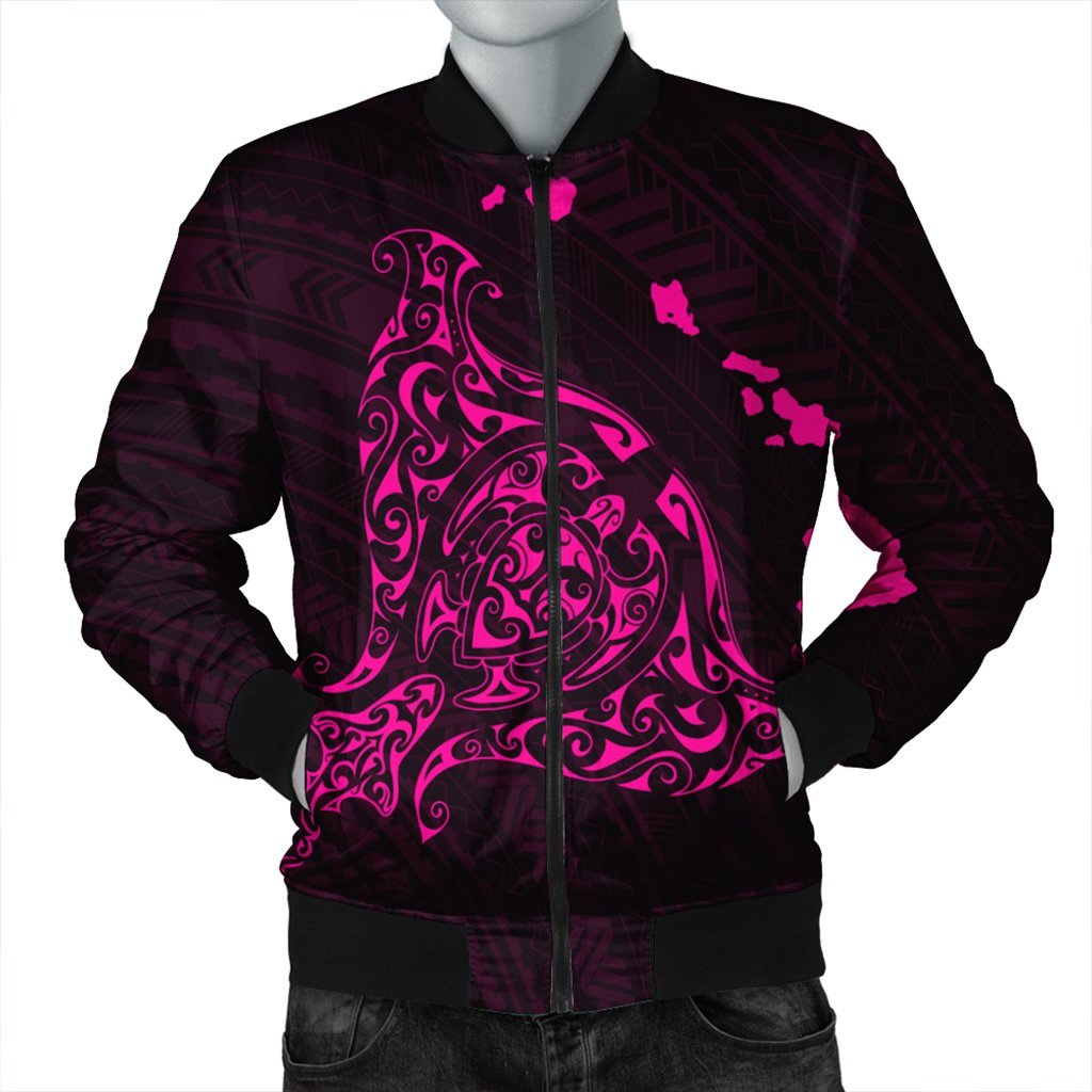 Hawaiian Map Manta Ray Pink Polynesian Bomber Jacket - AH Black Unisex - Polynesian Pride