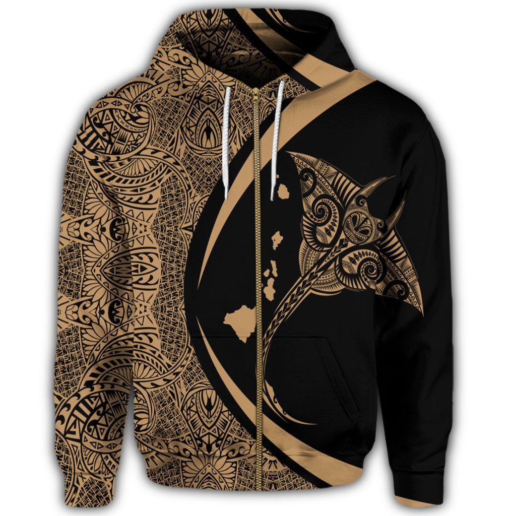 Hawaiian Map Manta Ray Polynesian Zip Hoodie Gold - Polynesian Pride