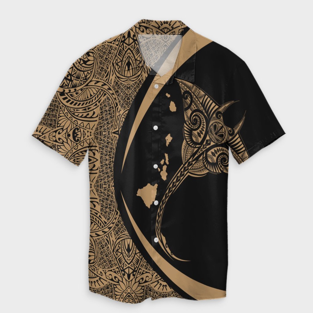 Hawaiian Map Manta Ray Polynesian Hawaiian Shirt - Gold - AH Unisex Black - Polynesian Pride