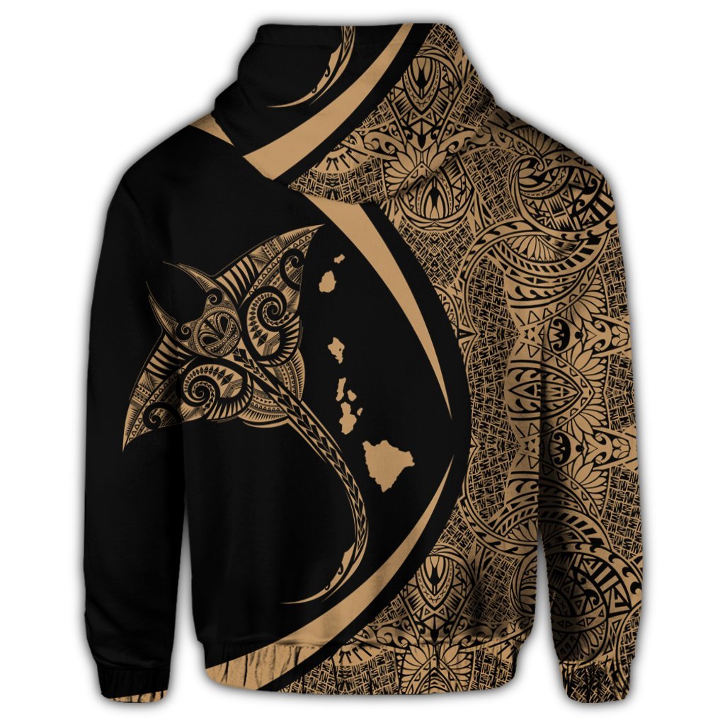 Hawaiian Map Manta Ray Polynesian Zip Hoodie Gold - Polynesian Pride
