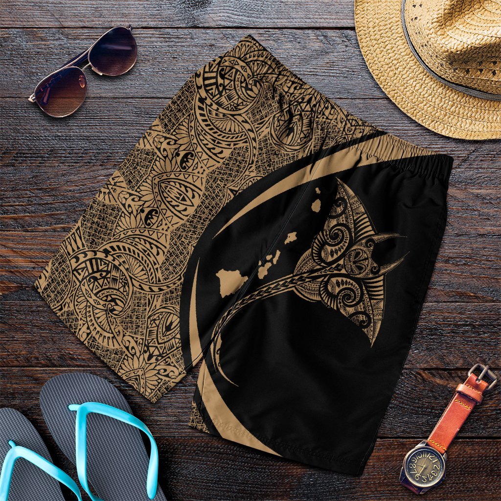 Hawaiian Map Manta Ray Polynesian Men's Shorts - Gold - AH Art - Polynesian Pride