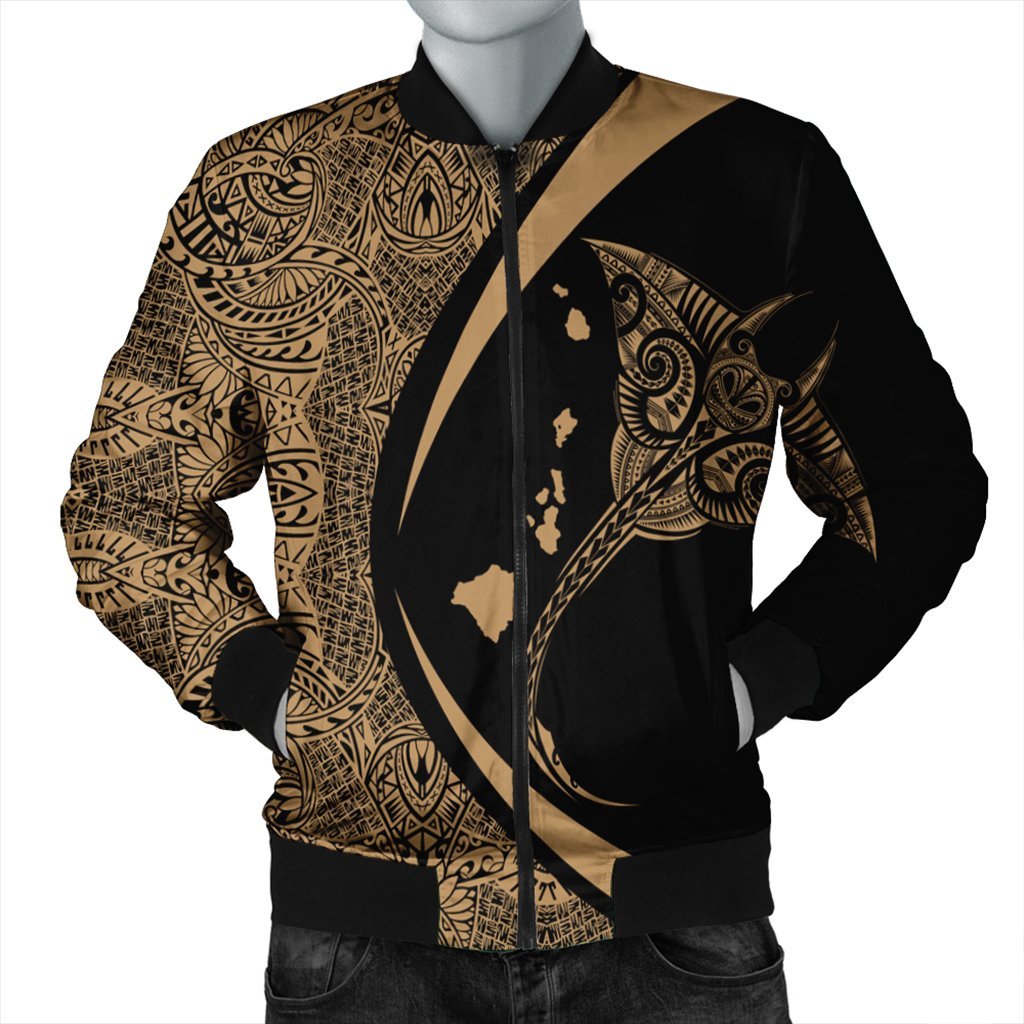 Hawaiian Map Manta Ray Polynesian Bomber Jacket - Gold - AH Black Unisex - Polynesian Pride