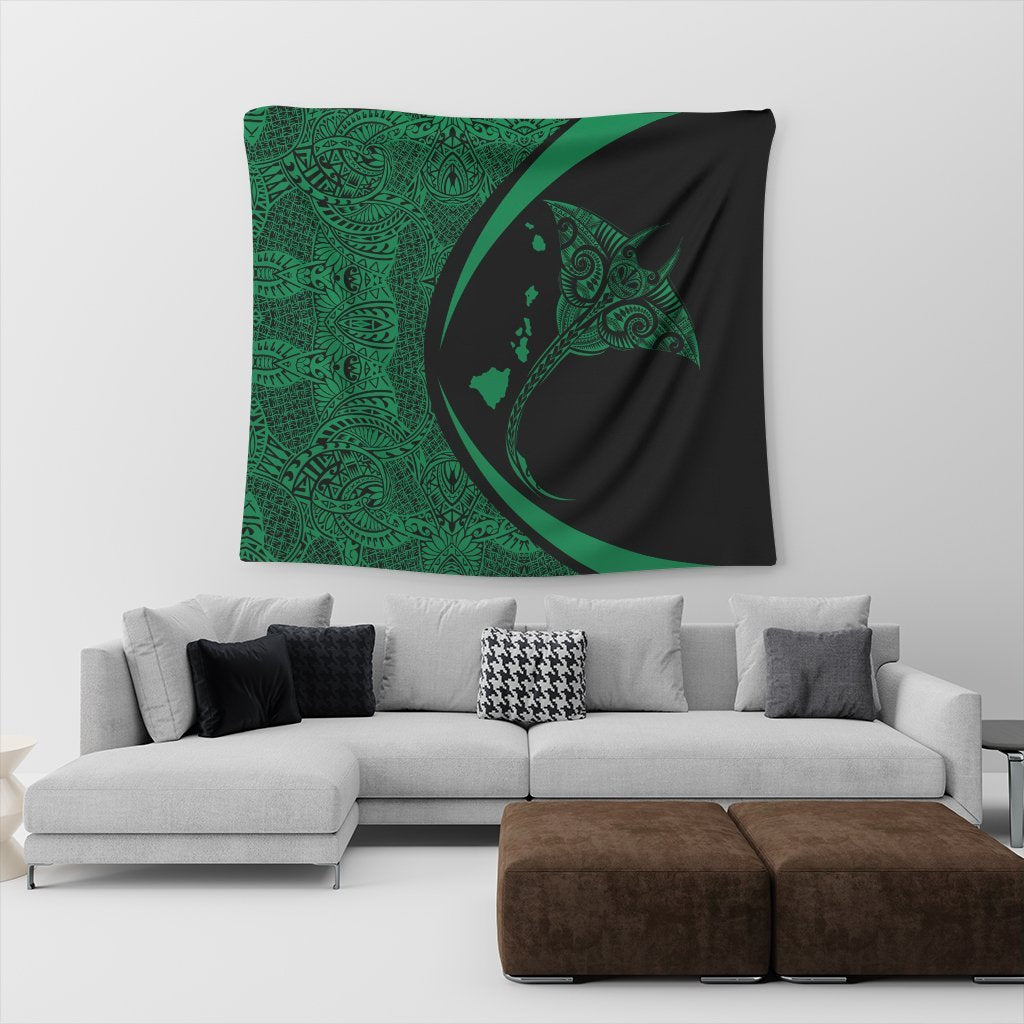 Hawaiian Map Manta Ray Polynesian Tapestry - Green - Circle Style - AH - Polynesian Pride