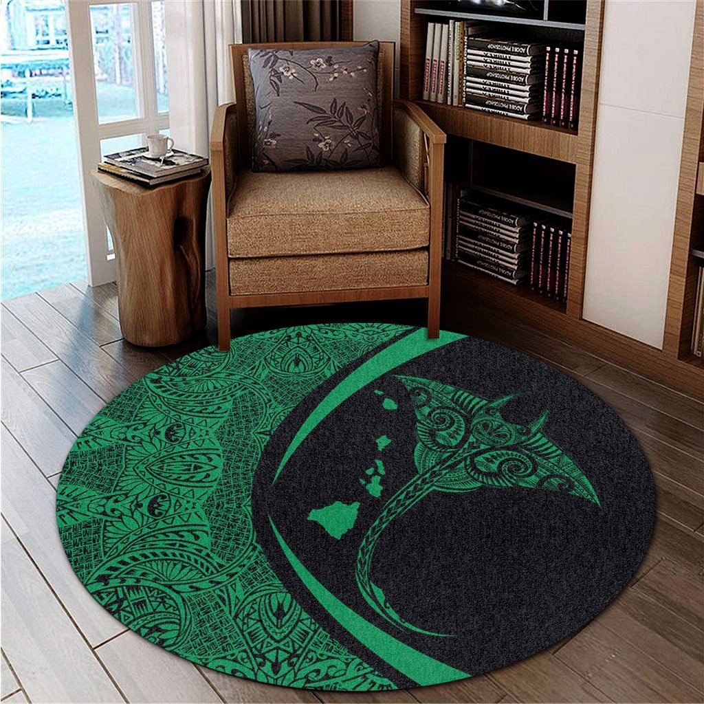 Hawaiian Map Manta Ray Polynesian Round Carpet - Green - Circle Style - AH - Polynesian Pride