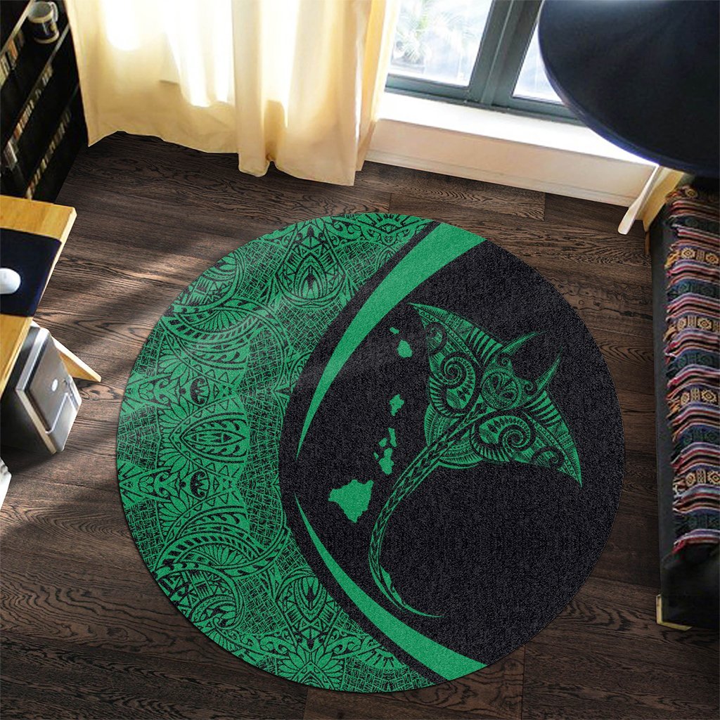 Hawaiian Map Manta Ray Polynesian Round Carpet - Green - Circle Style - AH - Polynesian Pride
