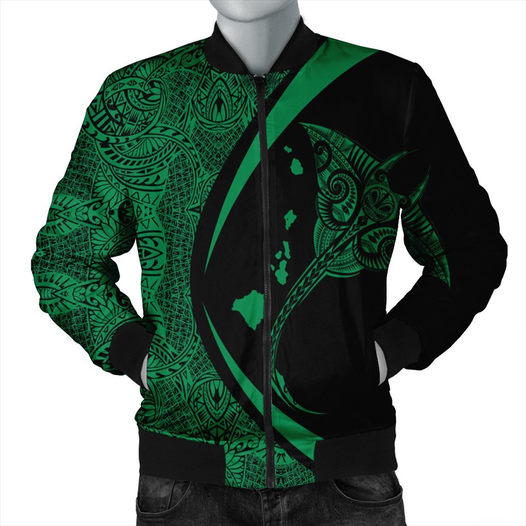 Hawaiian Map Manta Ray Polynesian Bomber Jacket - Green - Circle Style - AH Black Unisex - Polynesian Pride