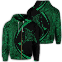 Hawaiian Map Manta Ray Polynesian Zip Hoodie Green Circle Style Unisex Art - Polynesian Pride
