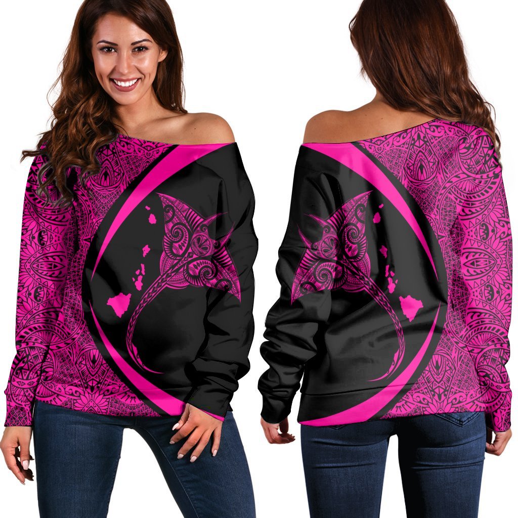 Hawaiian Map Manta Ray Polynesian Women's Off Shoulder Sweater - Pink - AH Black - Polynesian Pride