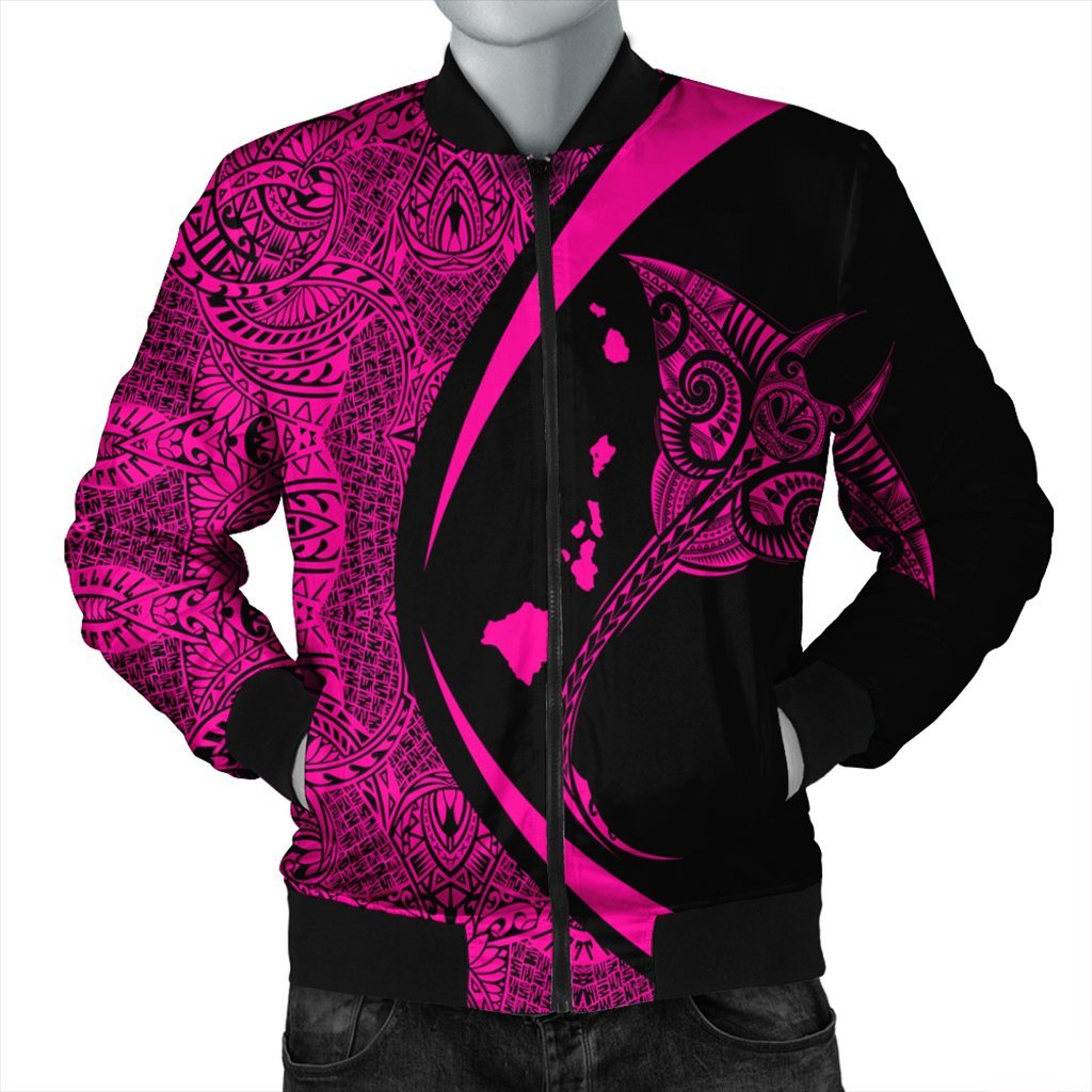 Hawaiian Map Manta Ray Polynesian Bomber Jacket - Pink - AH Black Unisex - Polynesian Pride