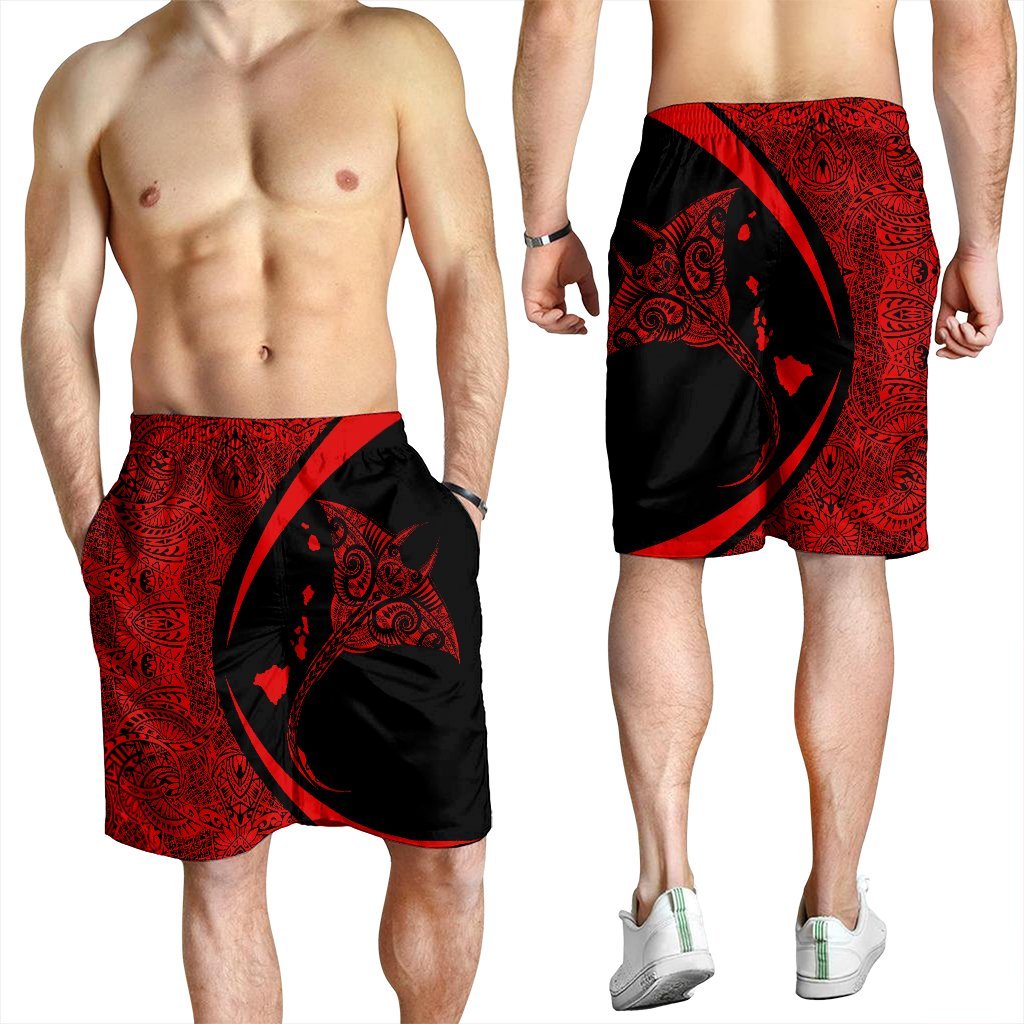 Hawaiian Map Manta Ray Polynesian Men's Shorts - Red - AH - Polynesian Pride