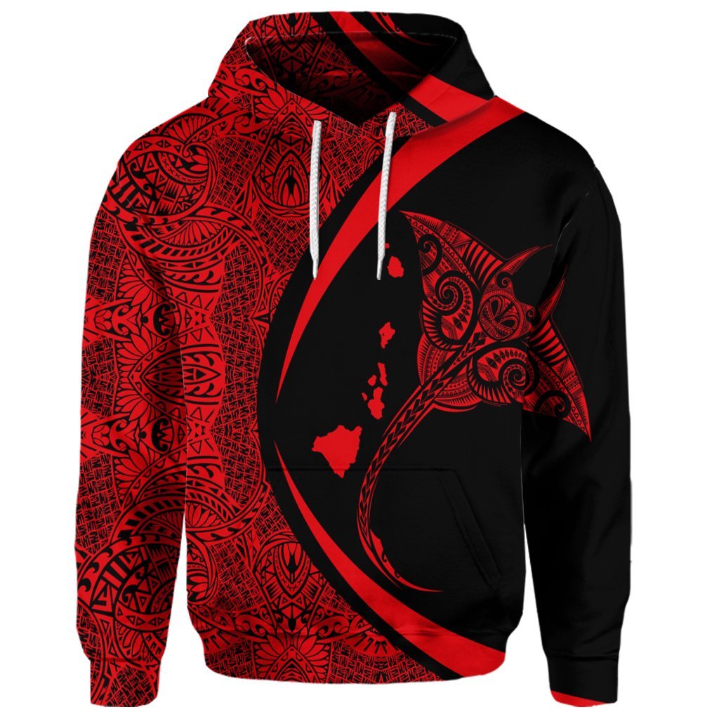 Custom Hawaiian Map Manta Ray Polynesian Hoodie Red - Polynesian Pride
