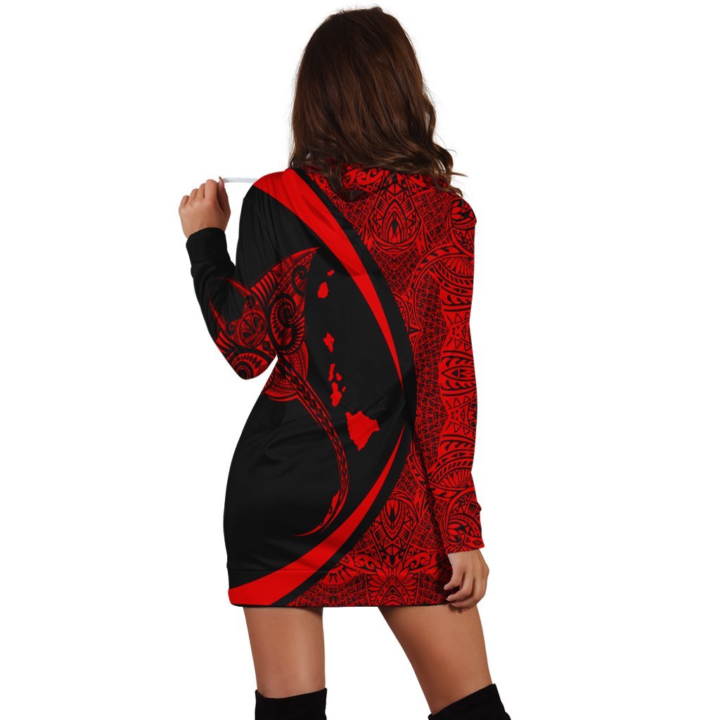 Hawaiian Map Manta Ray Polynesian Hoodie Dress - Red - AH - Polynesian Pride