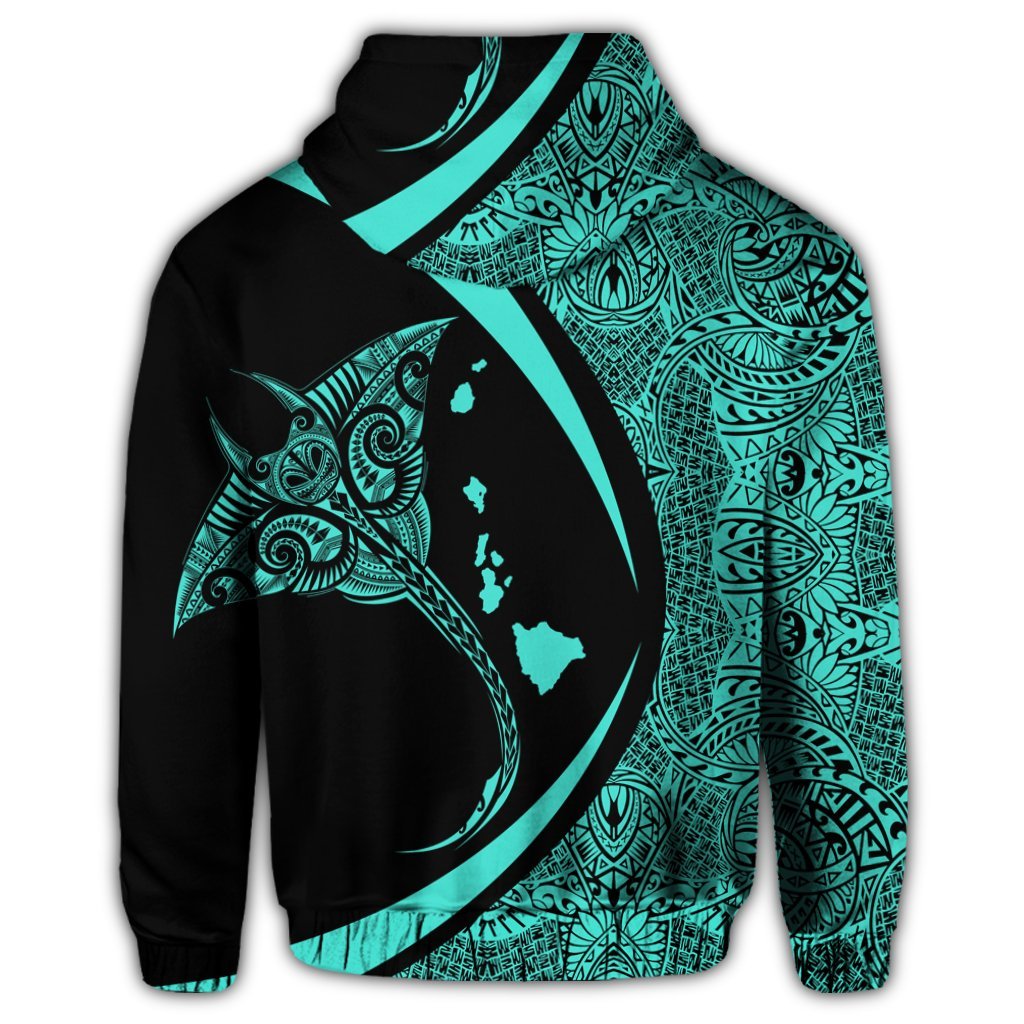 Hawaiian Map Manta Ray Polynesian Zip Hoodie Turquoise Circle Style - Polynesian Pride