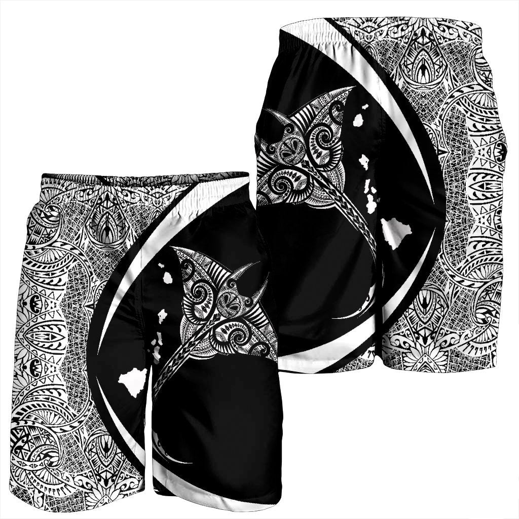 Hawaiian Map Manta Ray Polynesian Men's Shorts - White - Circle Style - AH - Polynesian Pride