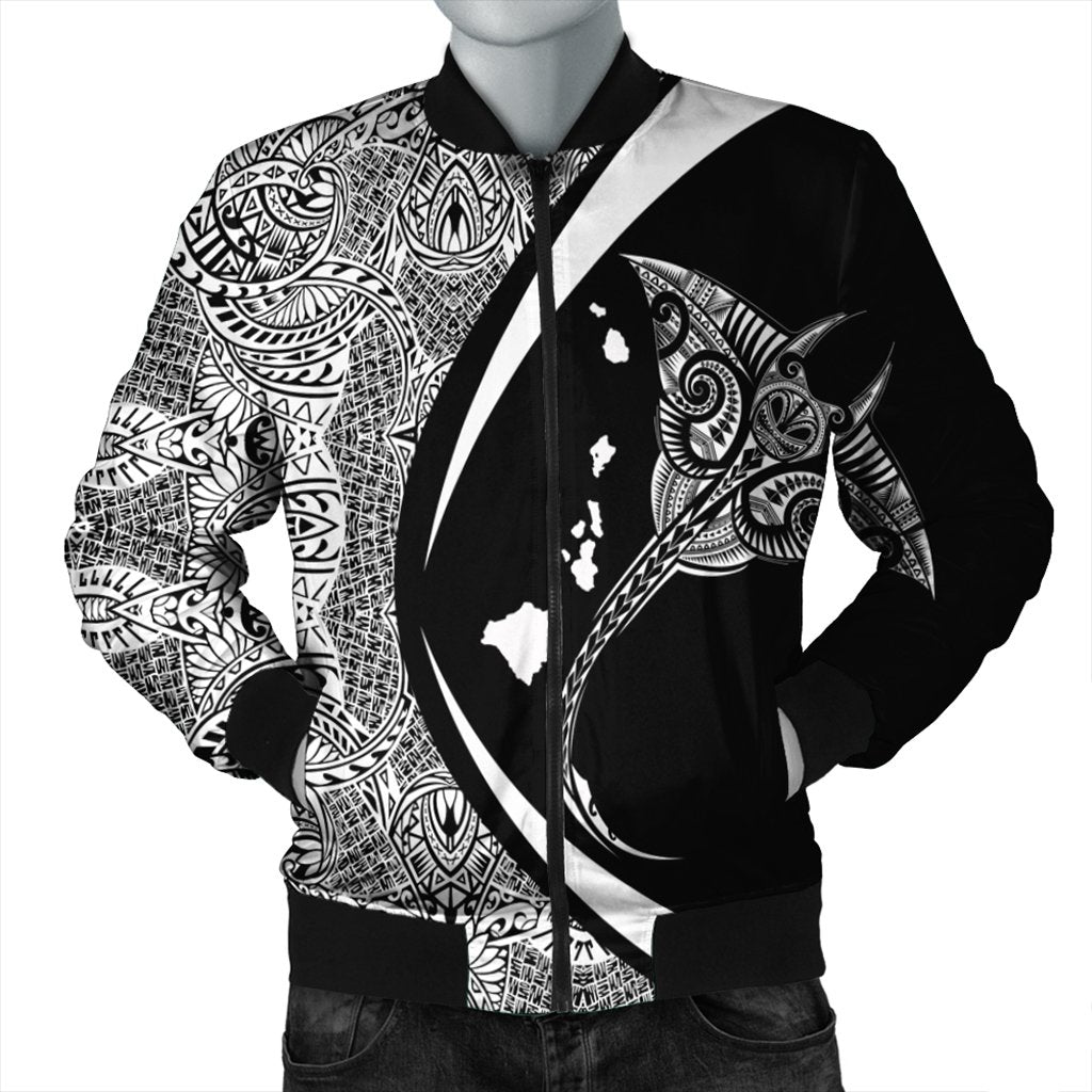 Hawaiian Map Manta Ray Polynesian Bomber Jacket - White - Circle Style - AH Black Unisex - Polynesian Pride