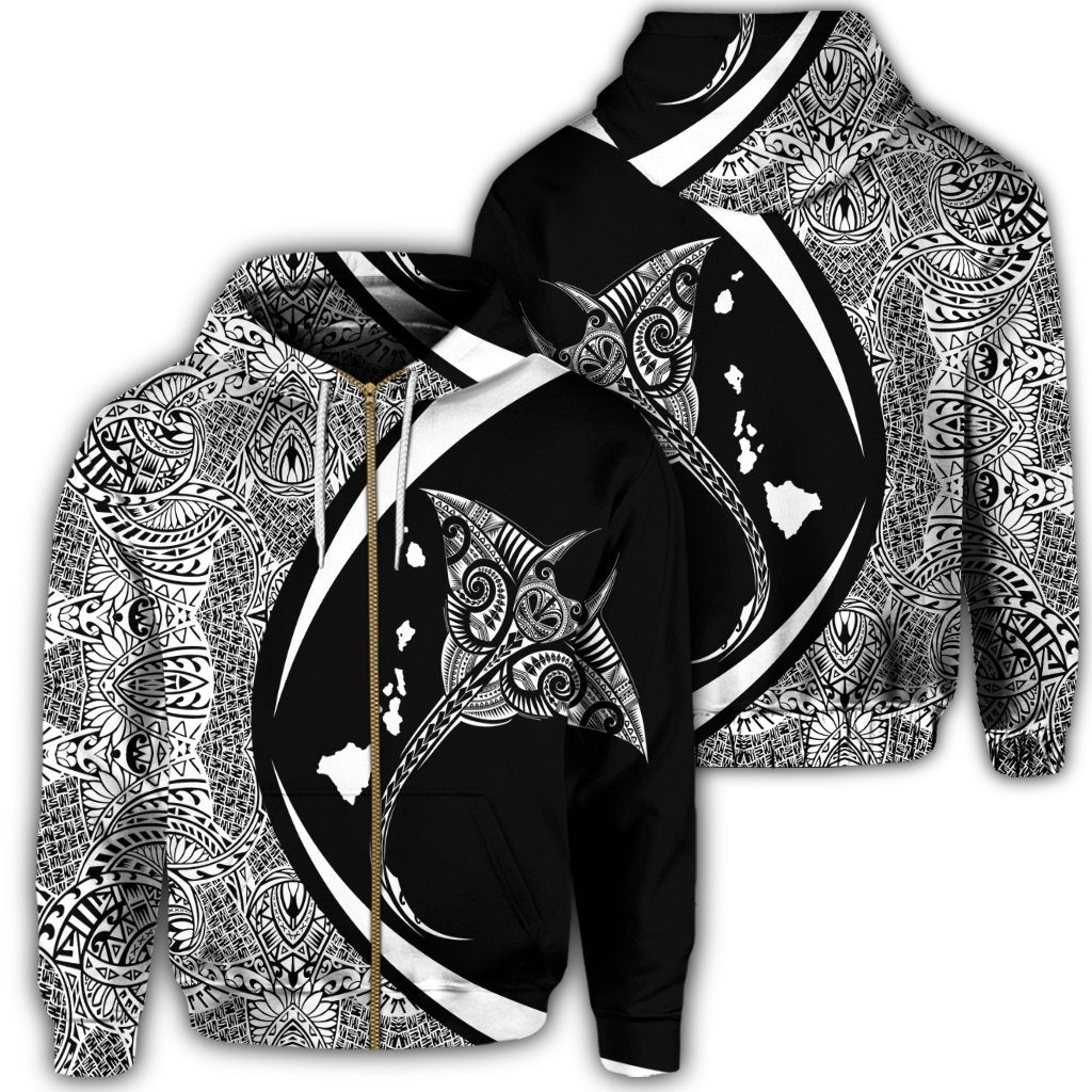 Hawaiian Map Manta Ray Polynesian Zip Hoodie White Circle Style Unisex Art - Polynesian Pride