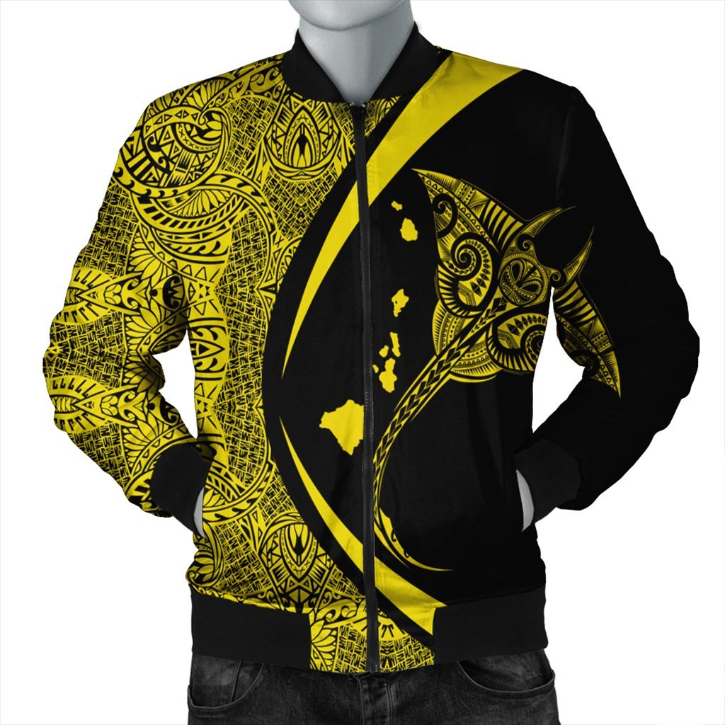 Hawaiian Map Manta Ray Polynesian Bomber Jacket - Yellow - Circle Style - AH Black Unisex - Polynesian Pride