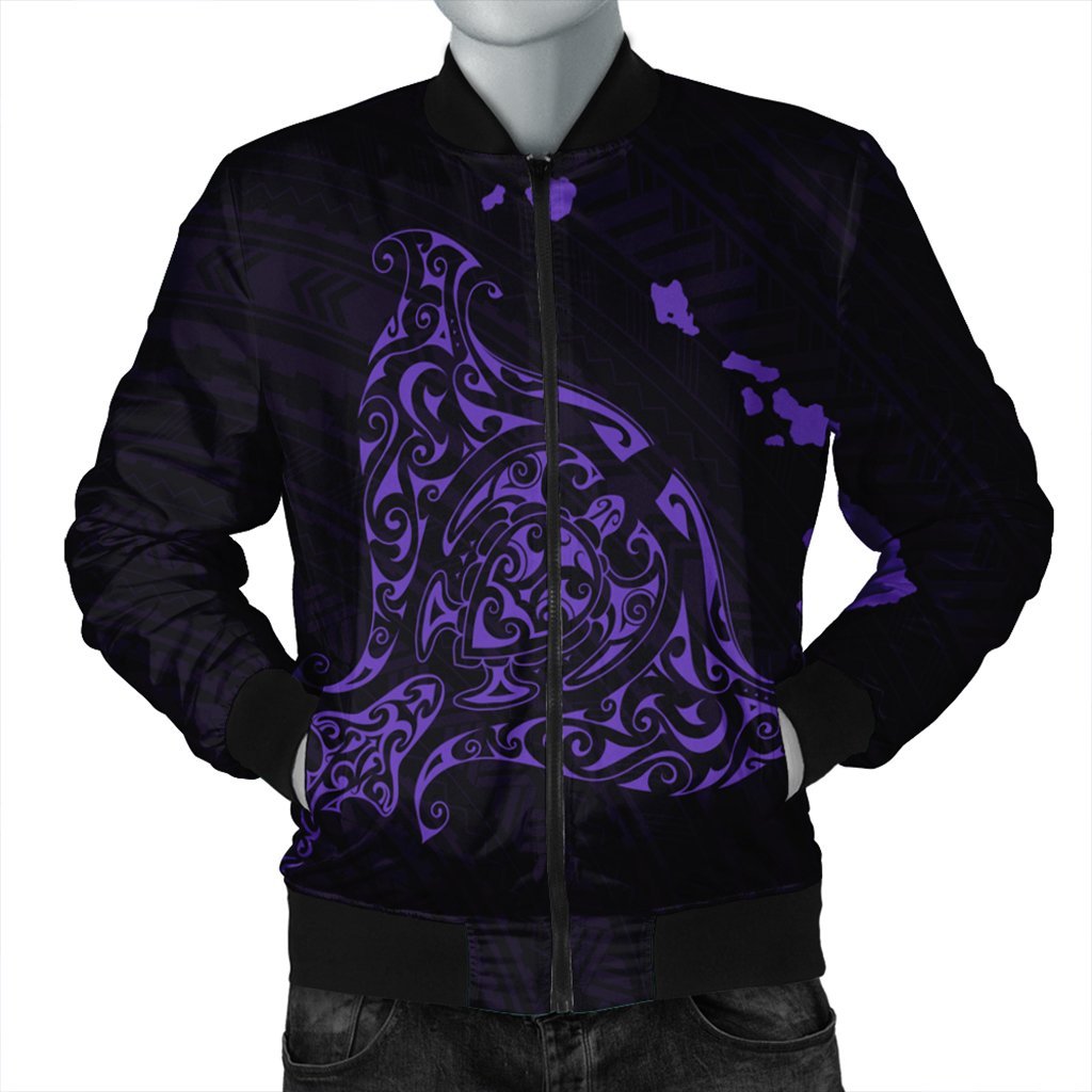 Hawaiian Map Manta Ray Purple Polynesian Bomber Jacket - AH Black Unisex - Polynesian Pride