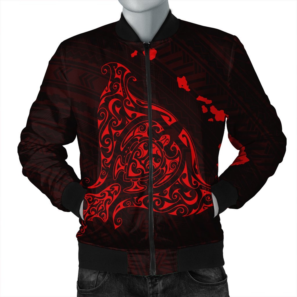 Hawaiian Map Manta Ray Red Polynesian Bomber Jacket - AH Black Unisex - Polynesian Pride