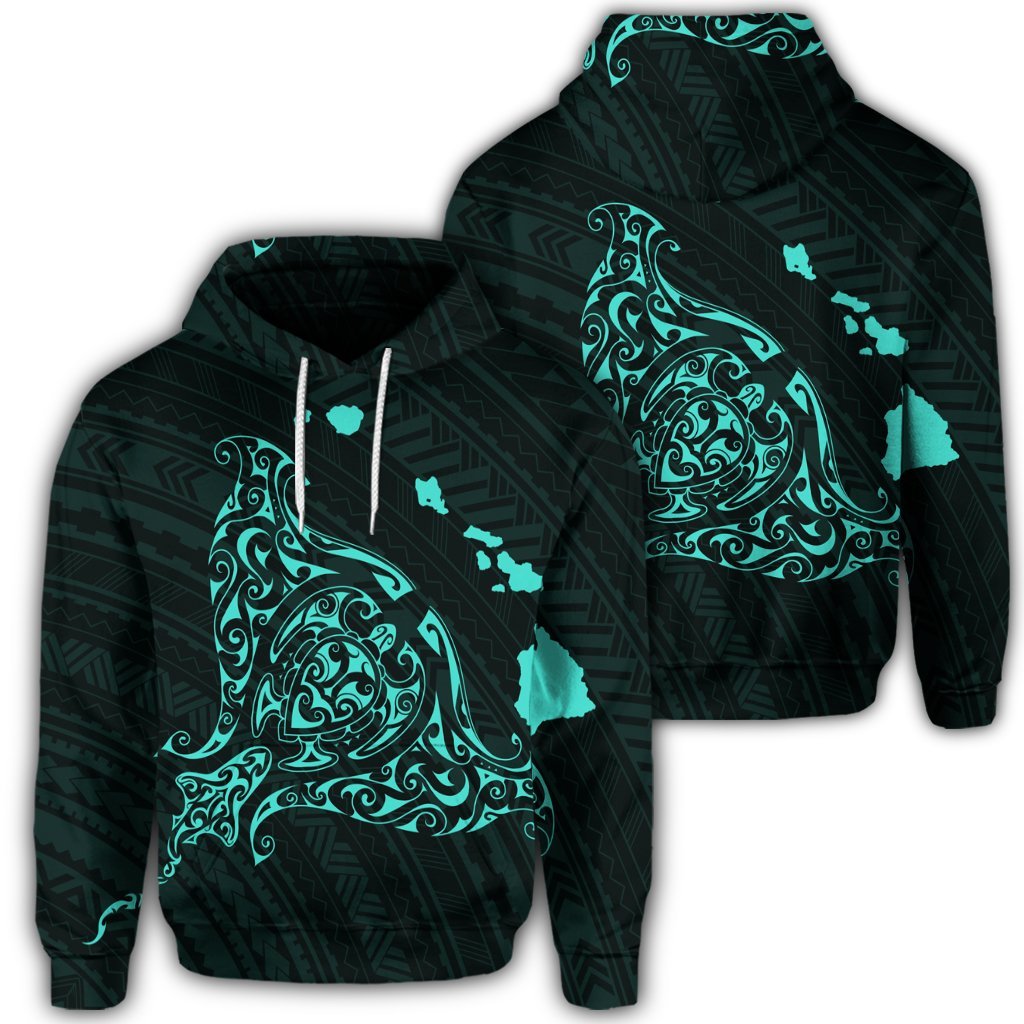 Hawaiian Map Manta Ray Turquoise Polynesian Hoodie Unisex Art - Polynesian Pride