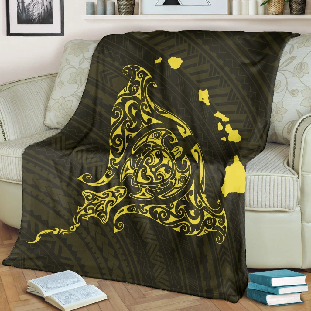 Hawaiian Map Manta Ray Yellow Polynesian Premium Blankets - AH - Polynesian Pride