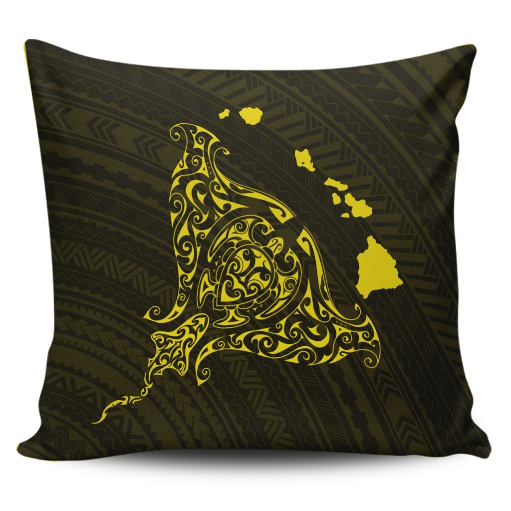 Hawaiian Map Manta Ray Yellow Polynesian Pillow Covers - AH Pillow Covers Black - Polynesian Pride