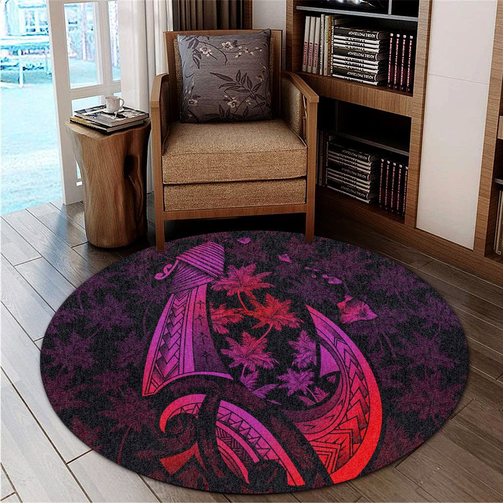 Hawaiian Map Palm Trees Fish Hook Polynesian Round Carpet Colorful Red - AH - Polynesian Pride