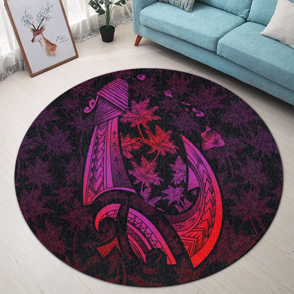 Hawaiian Map Palm Trees Fish Hook Polynesian Round Carpet Colorful Red - AH - Polynesian Pride