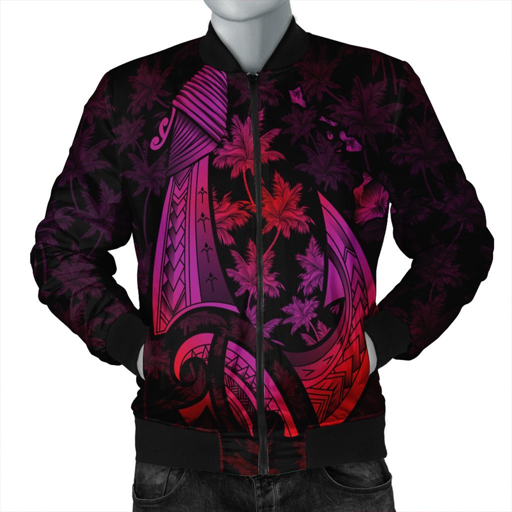 Hawaiian Map Palm Trees Fish Hook Polynesian Bomber Jacket Colorful Red - AH Black Unisex - Polynesian Pride