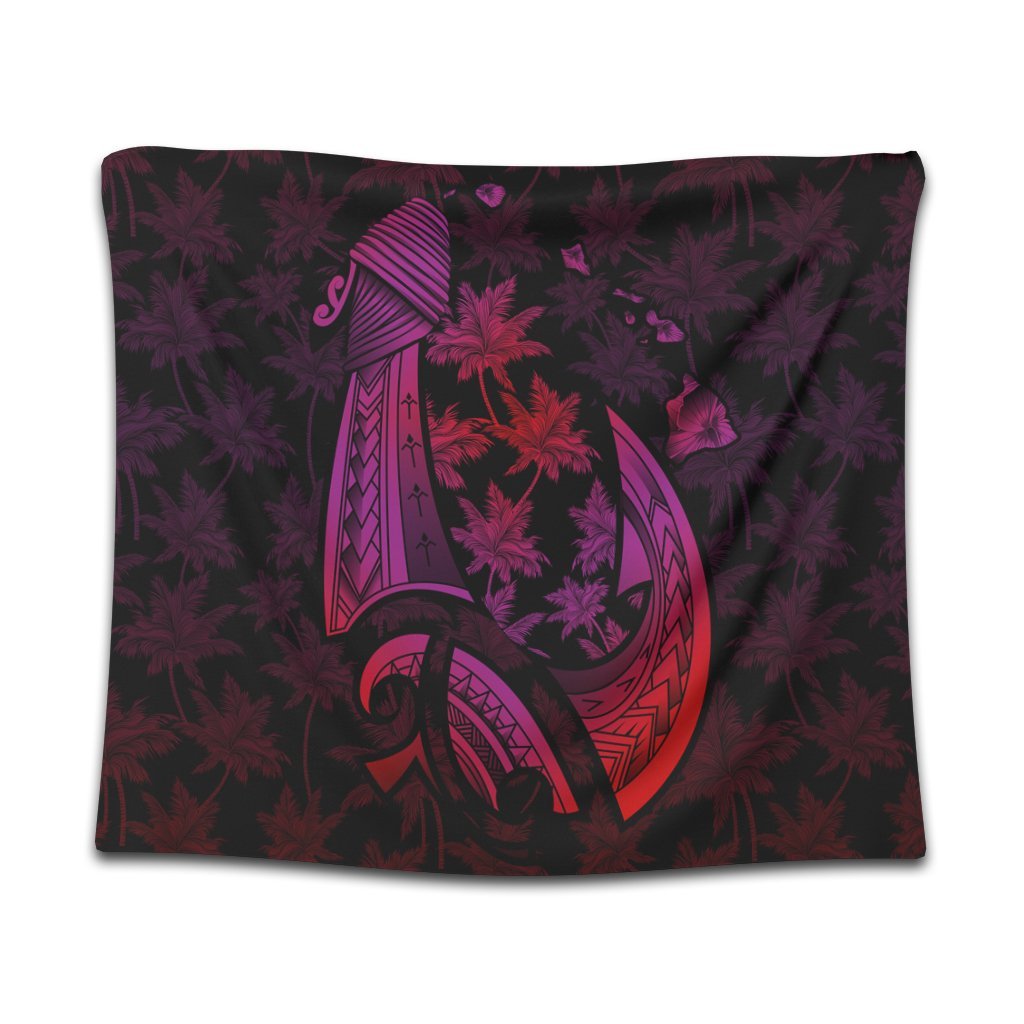 Hawaiian Map Palm Trees Fish Hook Polynesian Tapestry Colorful Red - AH Wall Tapestry Black - Polynesian Pride