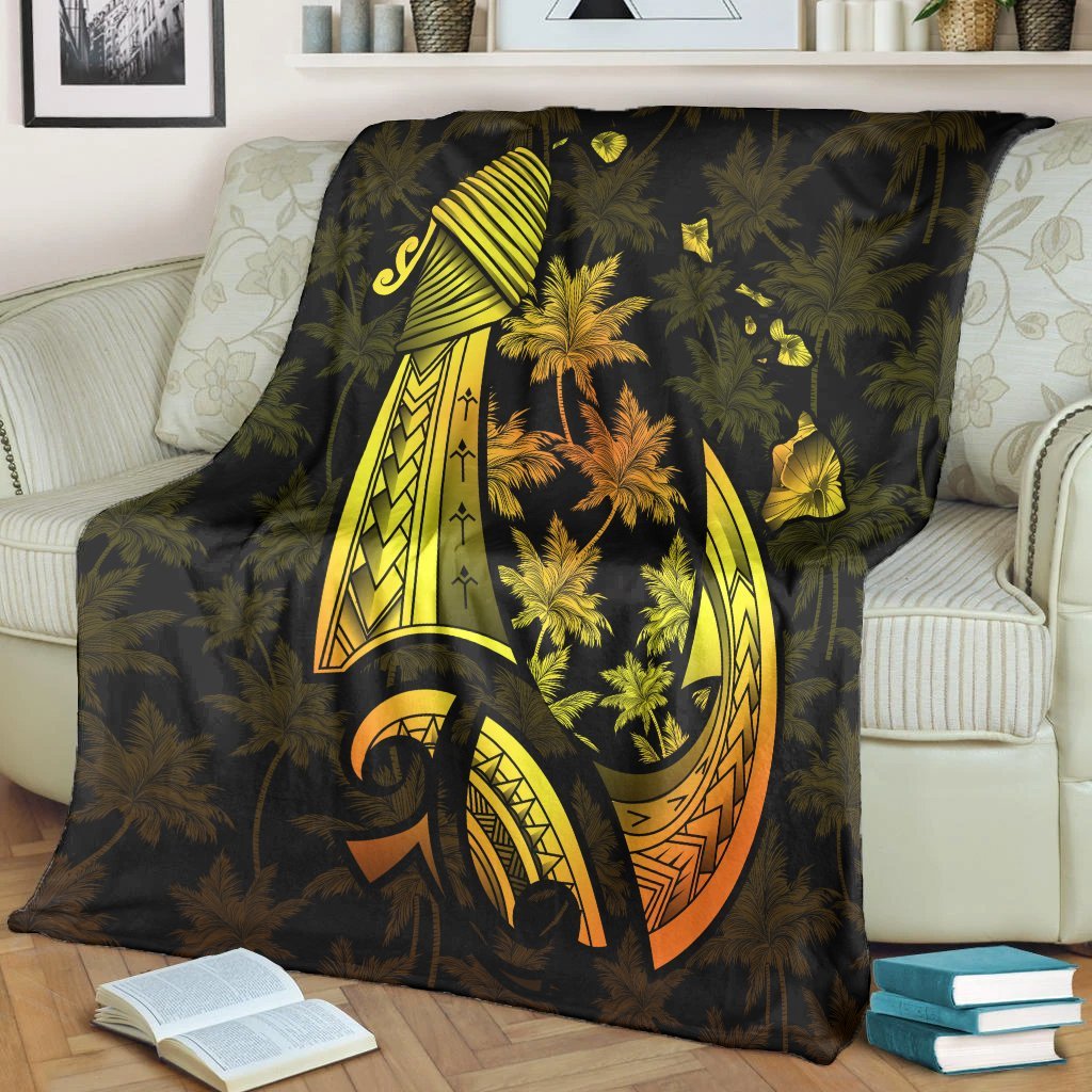 Hawaiian Map Palm Trees Fish Hook Polynesian Premium Blankets Colorful Yellow - AH - Polynesian Pride