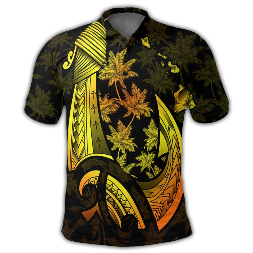 Hawaiian Map Palm Trees Fish Hook Polynesian Polo Shirt Colorful Yellow - Polynesian Pride