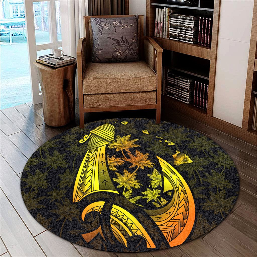 Hawaiian Map Palm Trees Fish Hook Polynesian Round Carpet Colorful Yellow - AH - Polynesian Pride