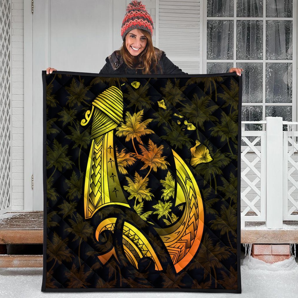 Hawaiian Map Palm Trees Fish Hook Polynesian Premium Quilts Colorful Yellow - AH - Polynesian Pride
