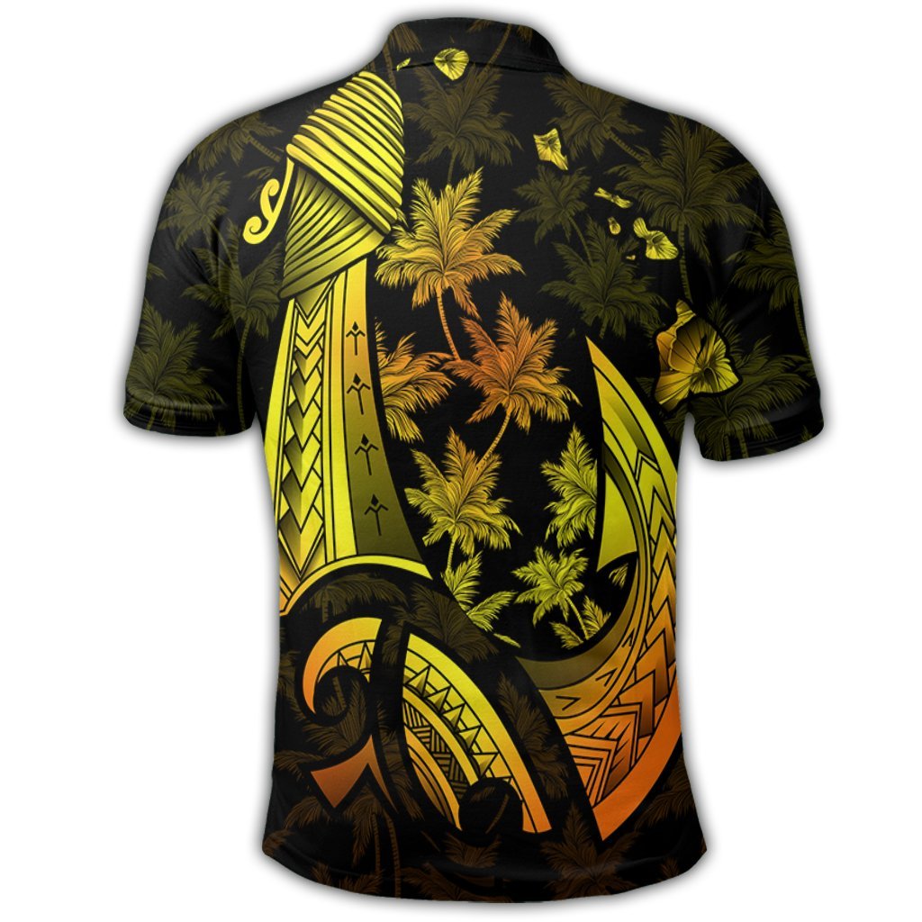 Hawaiian Map Palm Trees Fish Hook Polynesian Polo Shirt Colorful Yellow - Polynesian Pride