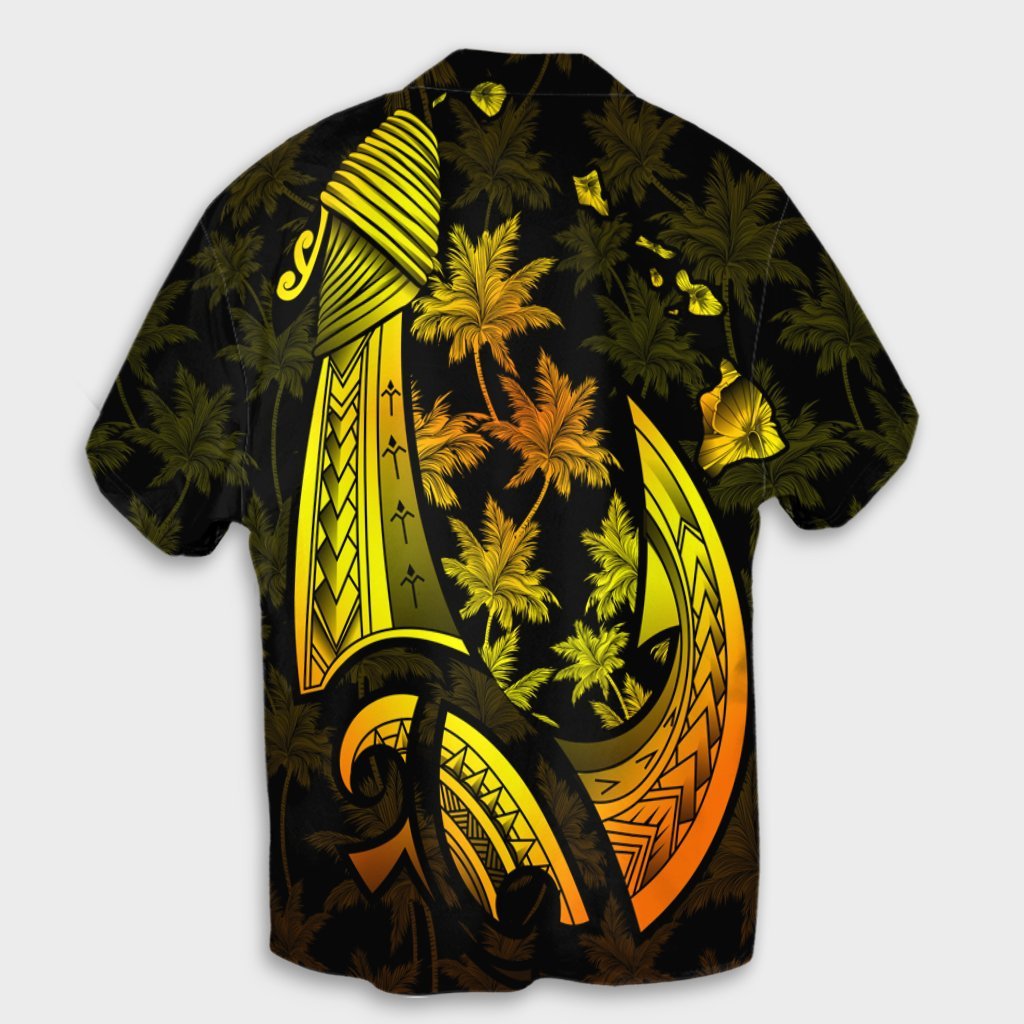 Hawaii Matching Dress and Hawaiian Shirt Hawaii Map Palm Trees Fish Hook Polynesian Colorful Yellow - Polynesian Pride