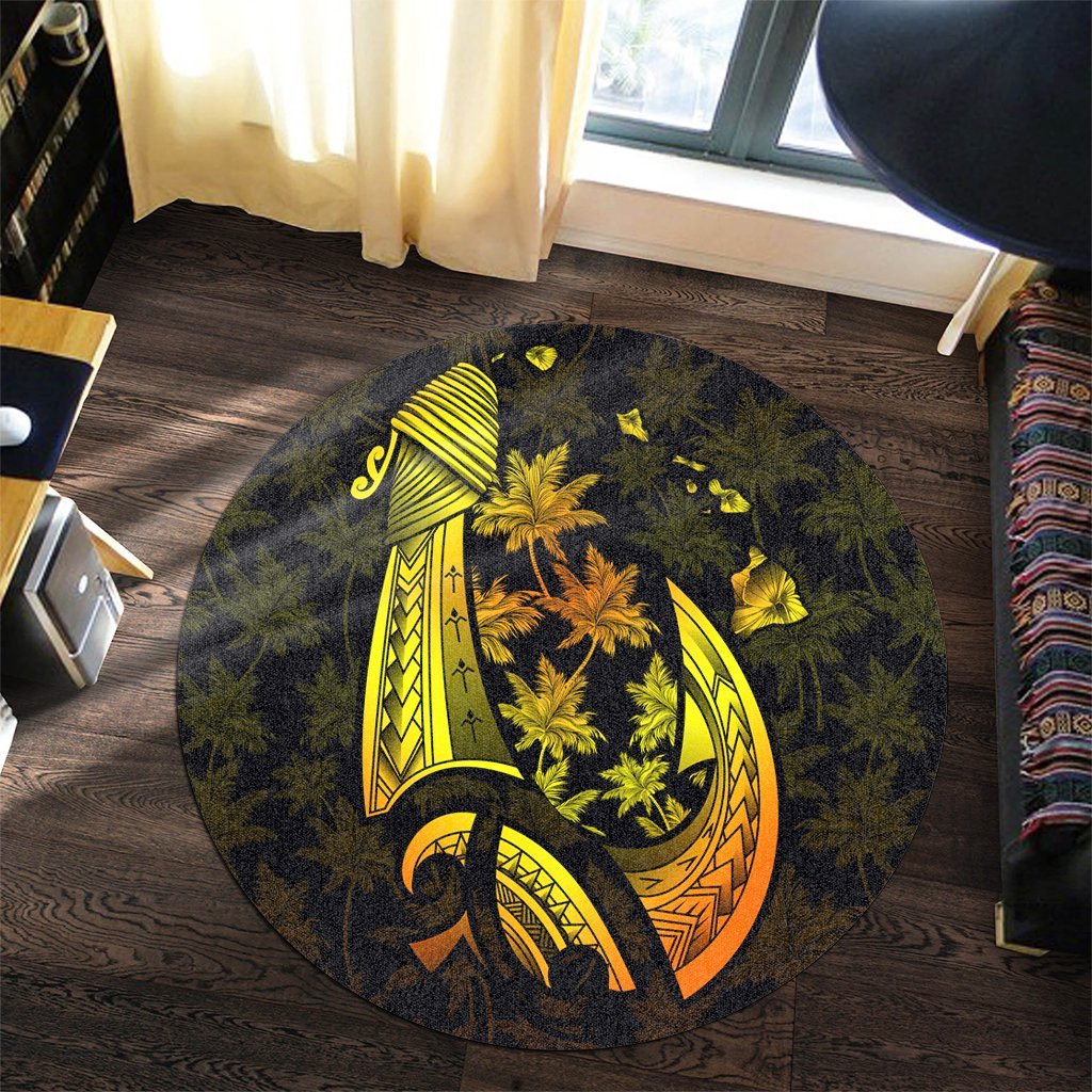 Hawaiian Map Palm Trees Fish Hook Polynesian Round Carpet Colorful Yellow - AH - Polynesian Pride