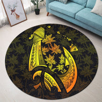 Hawaiian Map Palm Trees Fish Hook Polynesian Round Carpet Colorful Yellow - AH - Polynesian Pride