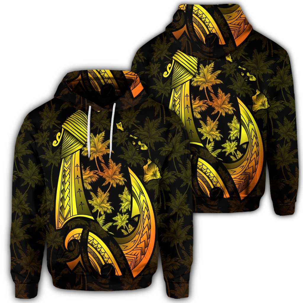 Hawaiian Map Palm Trees Fish Hook Polynesian Hoodie Colorful Yellow Unisex Art - Polynesian Pride