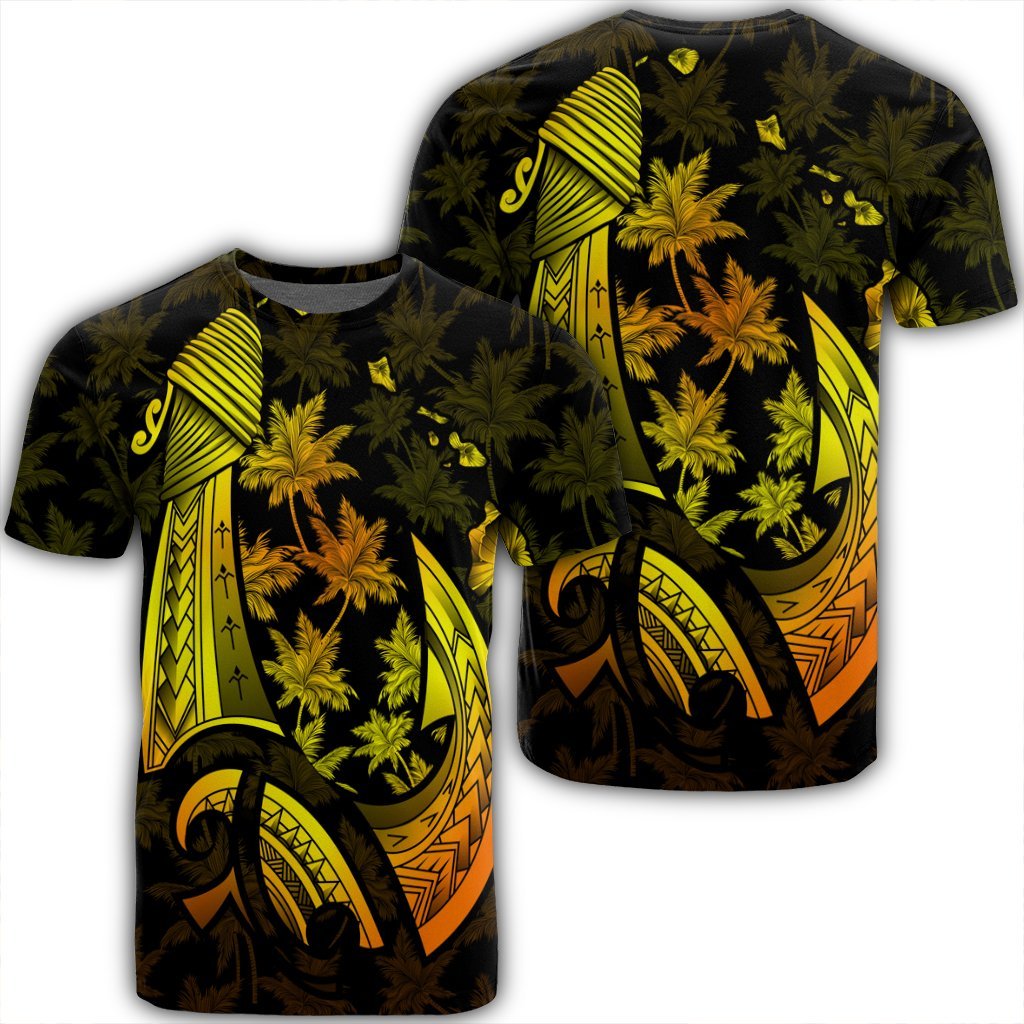 Hawaiian Map Palm Trees Fish Hook Polynesian T Shirt Colorful Yellow Unisex Black - Polynesian Pride
