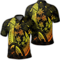 Hawaiian Map Palm Trees Fish Hook Polynesian Polo Shirt Colorful Yellow Unisex Black - Polynesian Pride