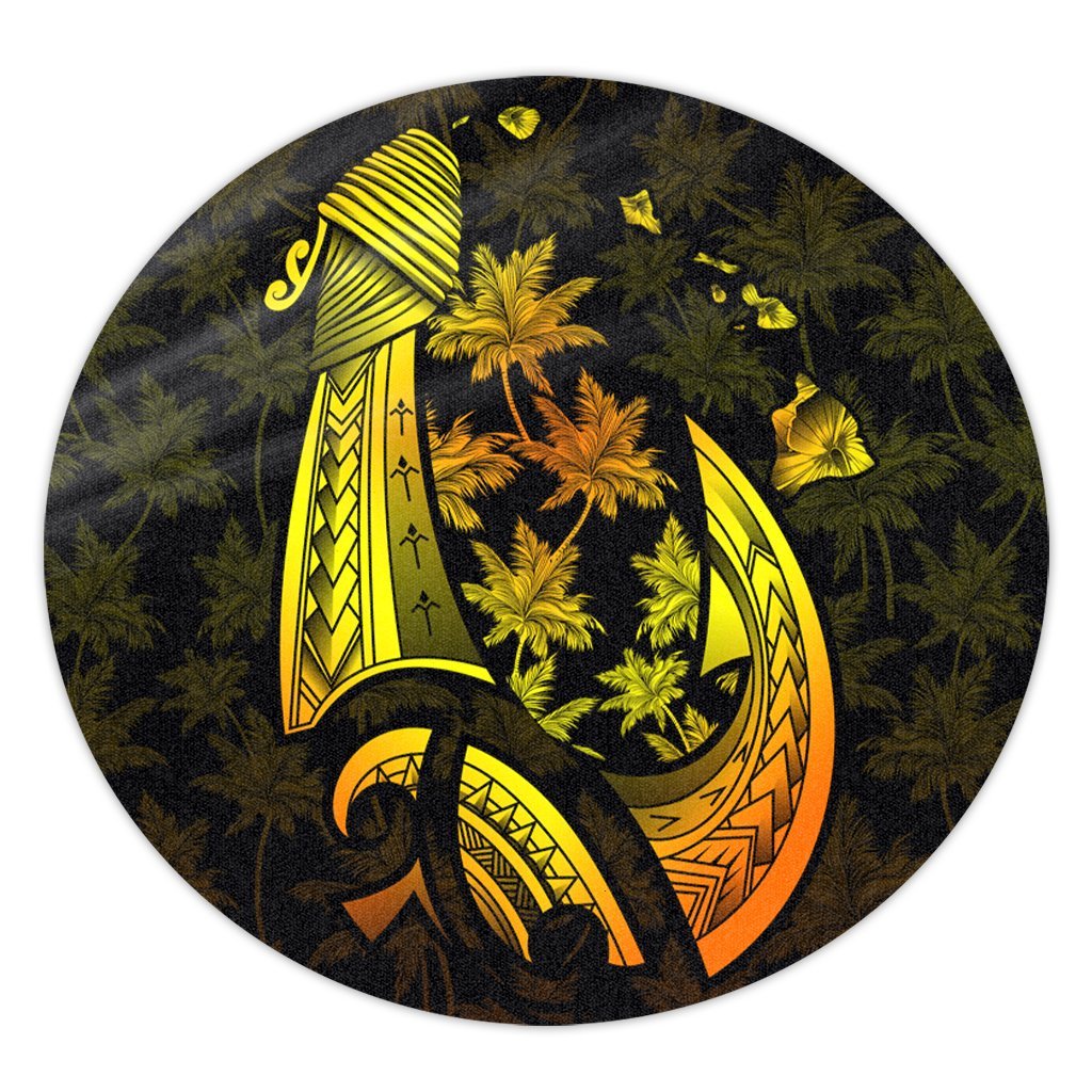 Hawaiian Map Palm Trees Fish Hook Polynesian Round Carpet Colorful Yellow - AH Round Carpet Luxurious Plush - Polynesian Pride