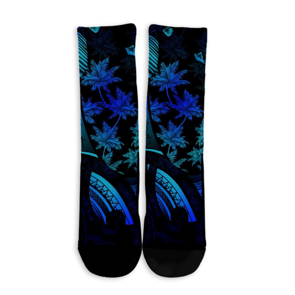 Hawaiian Map Palm Trees Fish Hook Polynesian Quilt Crew Socks Colorful Blue - AH - Polynesian Pride