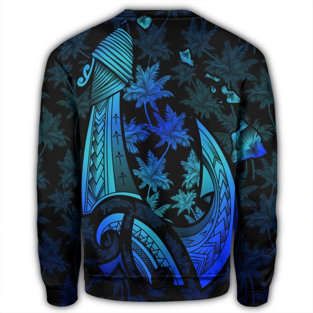 Hawaiian Map Palm Trees Fish Hook Polynesian Quilt Sweatshirt Colorful Blue - AH - Polynesian Pride