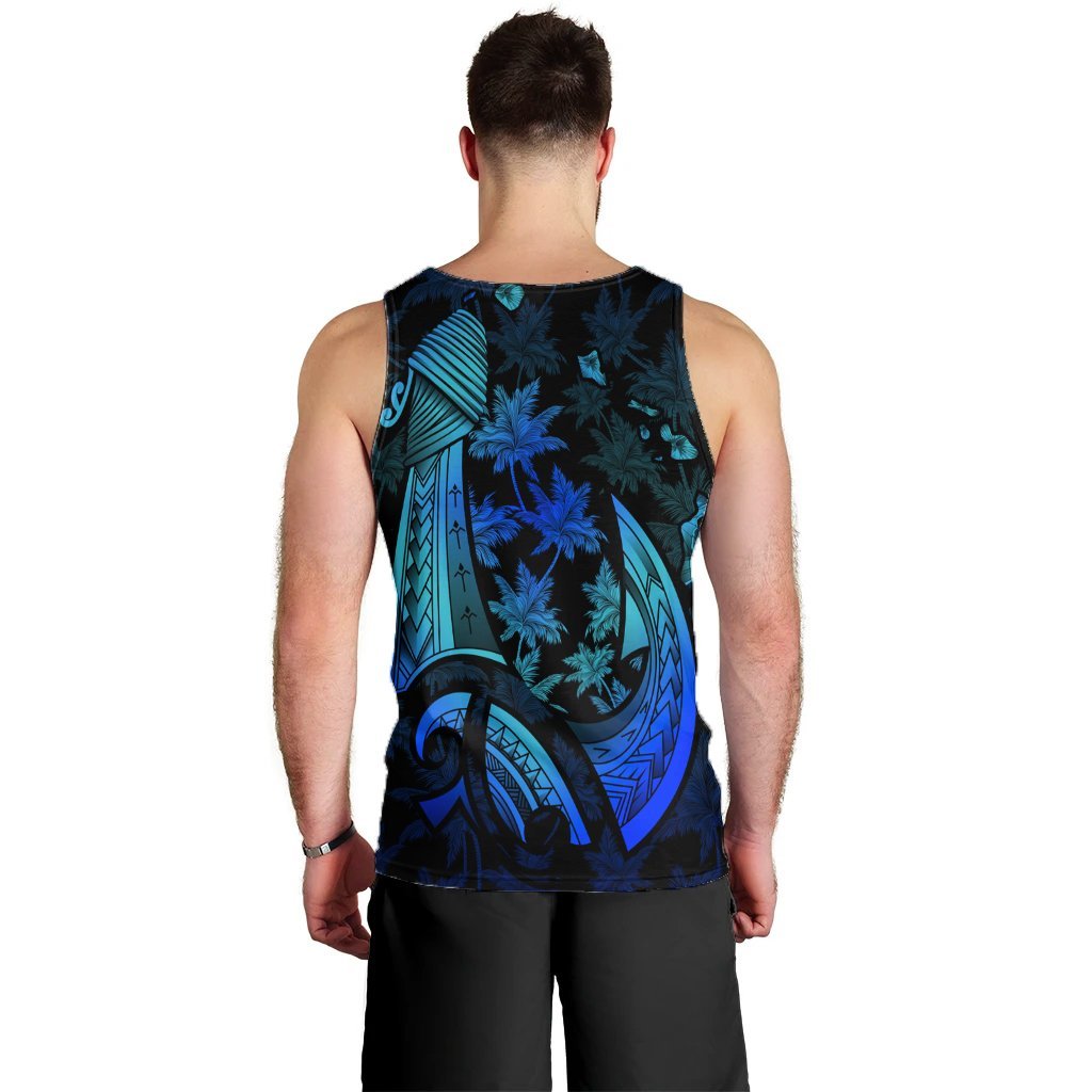 Hawaiian Map Palm Trees Fish Hook Polynesian Quilt Tank Top Colorful Blue - AH - Polynesian Pride