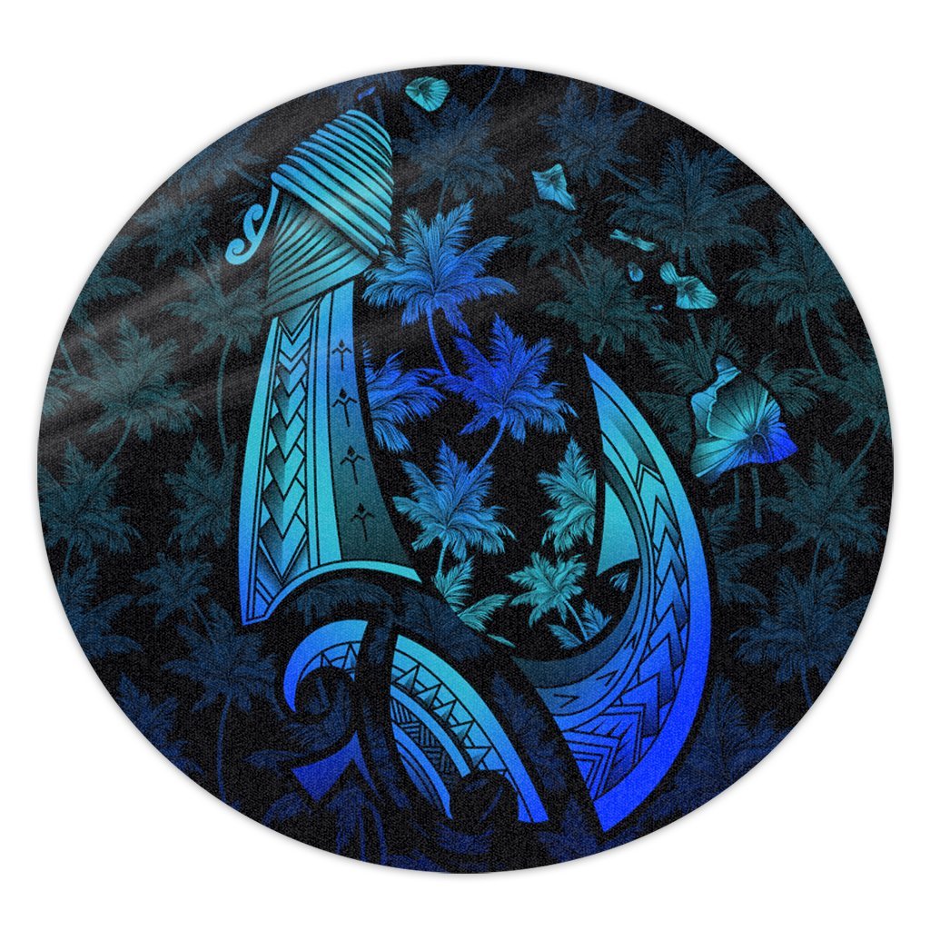 Hawaiian Map Palm Trees Fish Hook Polynesian Quilt Round Carpet Colorful Blue - AH Round Carpet Luxurious Plush - Polynesian Pride