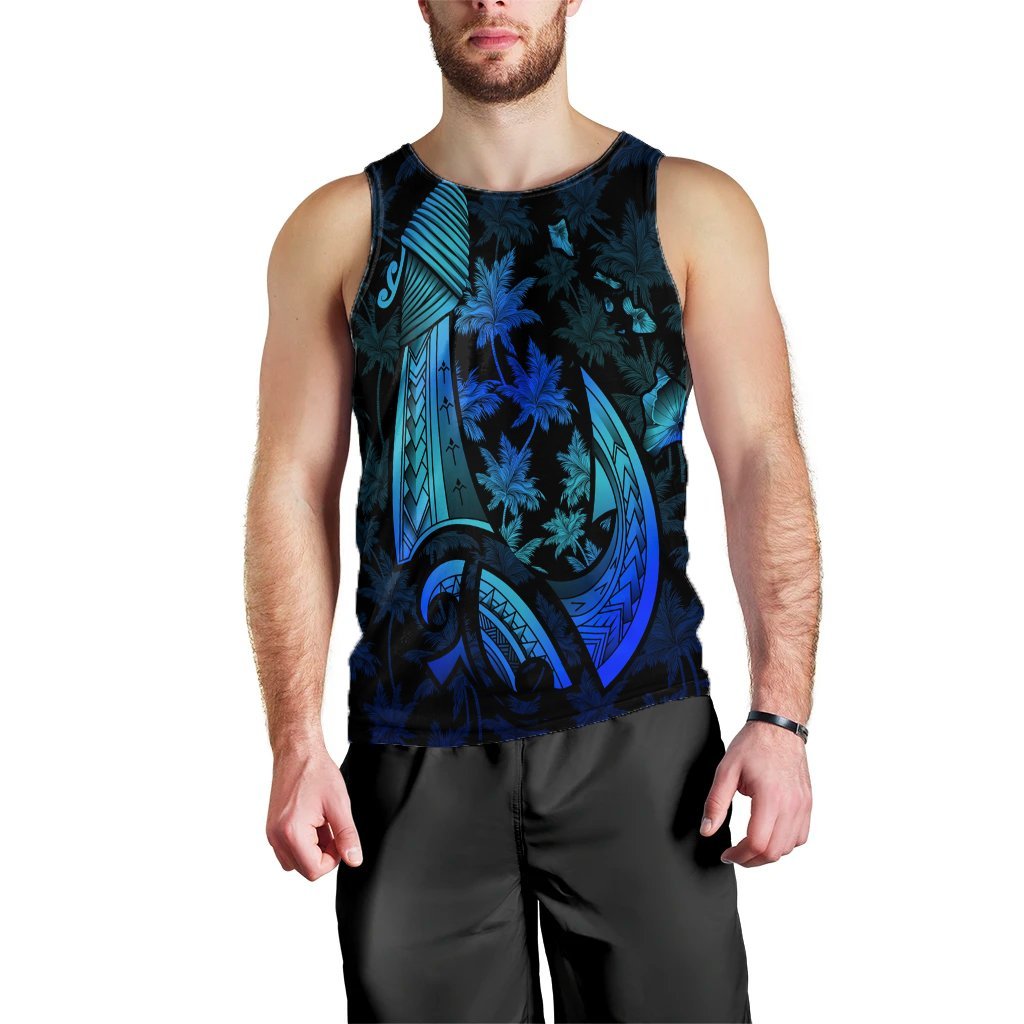 Hawaiian Map Palm Trees Fish Hook Polynesian Quilt Tank Top Colorful Blue - AH Black - Polynesian Pride