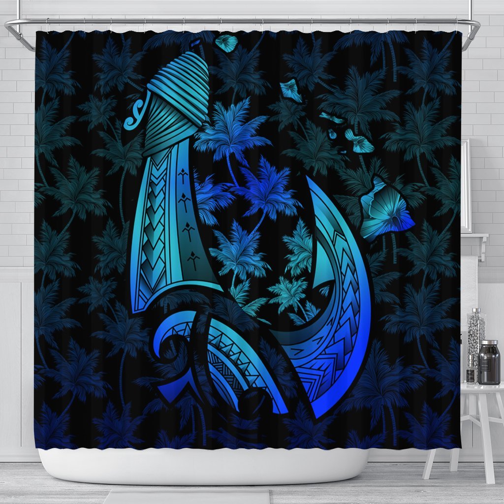Hawaiian Map Palm Trees Fish Hook Polynesian Quilt Shower Curtain Colorful Blue - AH 177 x 172 (cm) Black - Polynesian Pride