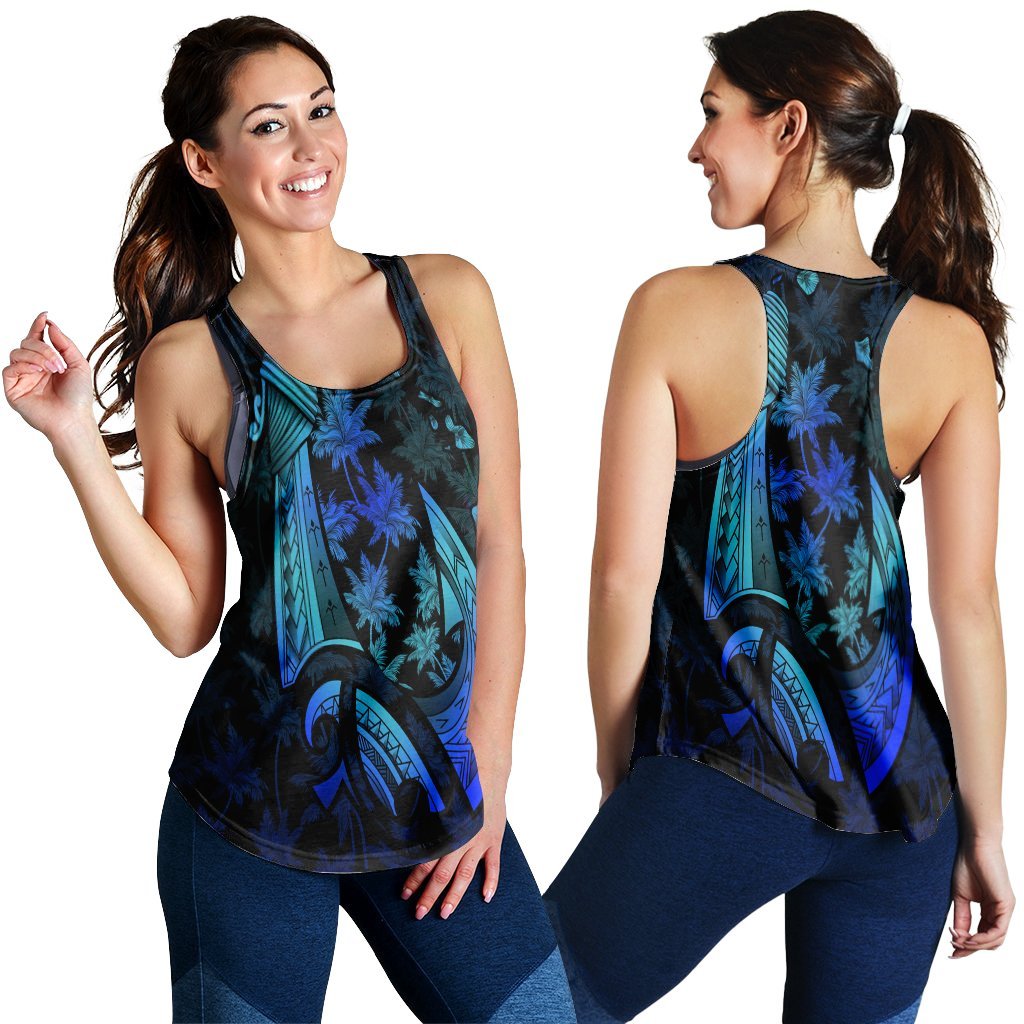 Hawaiian Map Palm Trees Fish Hook Polynesian Quilt Racerback Tank Colorful Blue - AH Black - Polynesian Pride